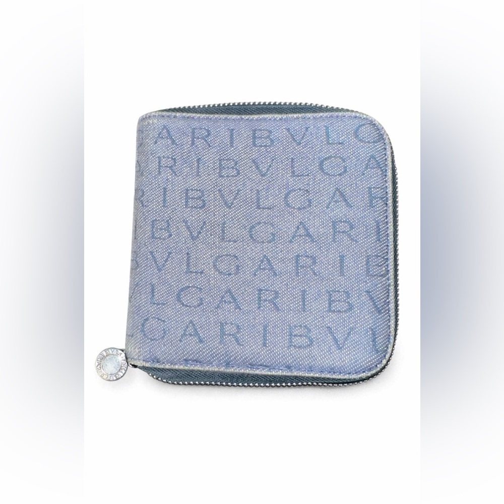 Authentic BVLGARI Blue and Black Zip Around Wallet Logo Canvas Leather